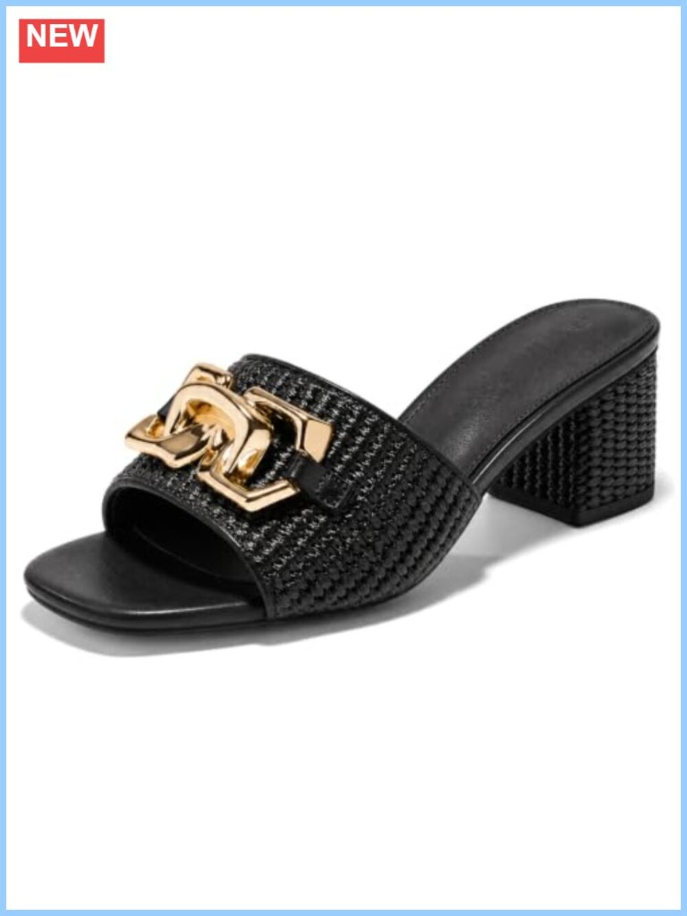 Raffia Slide Sandals Square Toe Chunky Block Heel Metal Chain Slip On